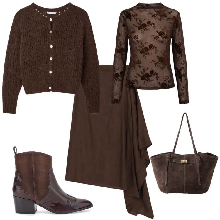 Outfit donna - Boho chic ufficio tempo libero. Stile Boho per Tutti i giorni. Abbinamento con shopping bag, gonne longuette, cardigans, t-shirt, stivaletti texani.