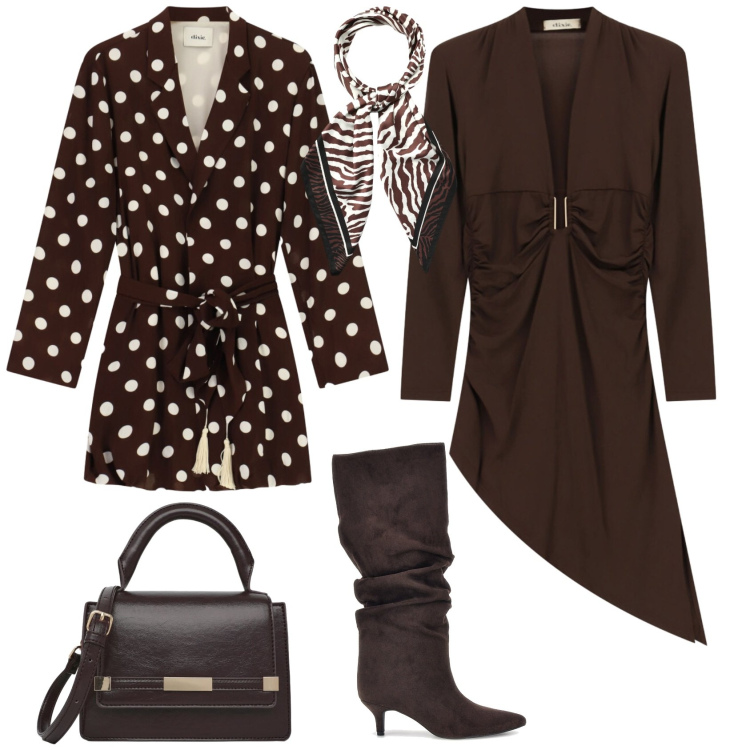 Outfit donna - Chic ufficio tempo libero. Stile Chic per Tutti i giorni. Abbinamento con cappotti, vestiti asimmetrici, foulard, borse a tracolla, stivali sopra il ginocchio.