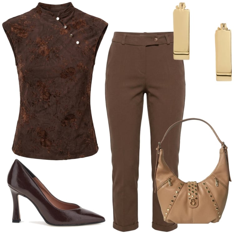 Outfit donna - Total look #2468715. Stile Trendy per Serata fuori. Abbinamento con borse a spalla, top, pantaloni, orecchini, décolleté.