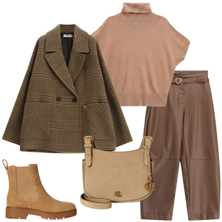 Outfit donna - Tartan e fall colors. Stile Casual chic per Tutti i giorni. Abbinamento con pantaloni, t-shirt, blazer, stivaletti, borse a tracolla.