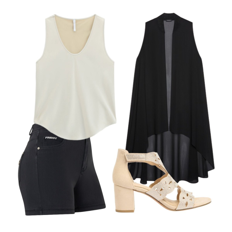 Outfit donna - Settembre. Stile Basic per Serata fuori. Abbinamento con sandali col tacco, canottiere, shorts, gilet.