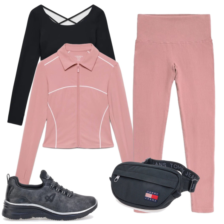 Outfit donna - Sporty. Stile Sporty chic per Sport. Abbinamento con felpe sportive, leggings sportivo, t-shirt sportive, marsupi, sneakers.