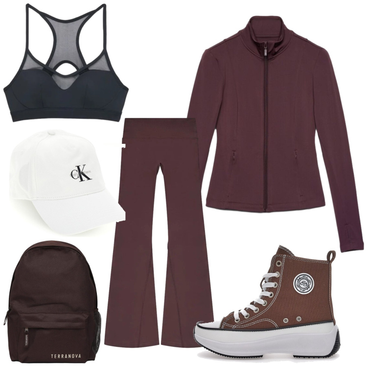 Outfit donna - Terranova. Stile Sporty chic per Sport. Abbinamento con zaini, felpe sportive, top sportivi, leggings sportivo, sneakers alte, cappelli con visiera.