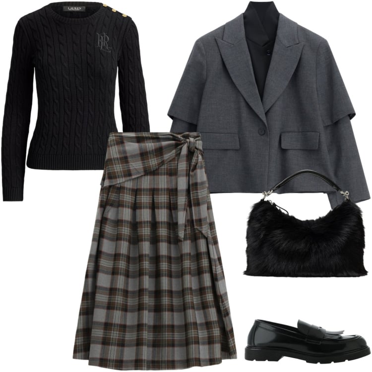Outfit donna - Tartan fall colors. Stile Casual chic per Tutti i giorni. Abbinamento con blazer, gonne longuette, mocassini, borse a mano, maglieria.