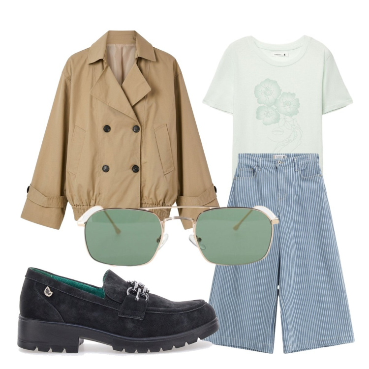 Outfit donna - Settembre. Stile Casual per Tutti i giorni. Abbinamento con occhiali da sole, trench, t-shirt, jeans, mocassini.