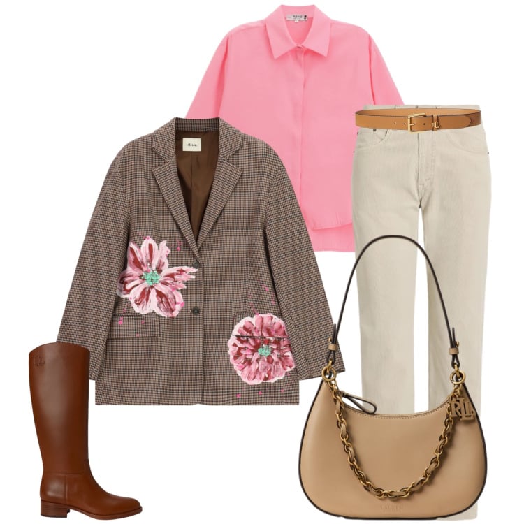 Outfit donna - Total look #2468725. Stile Casual chic per Tutti i giorni. Abbinamento con blazer, camicie, cinture, borse a spalla, pantaloni, stivali.