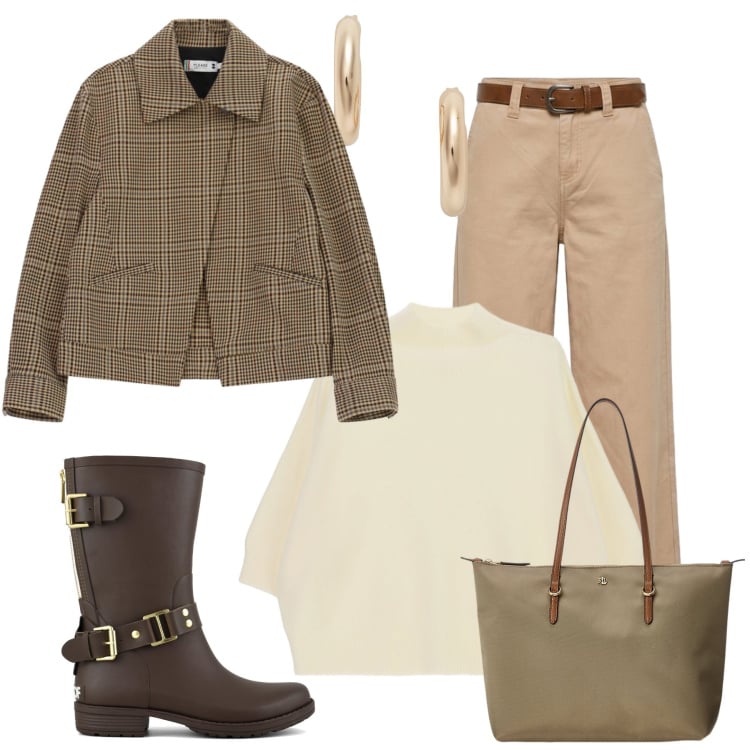 Outfit donna - Tartan in primo piano. Stile Casual chic per Tutti i giorni. Abbinamento con pullovers, cappotti, pantaloni, borse tote, orecchini, stivali.