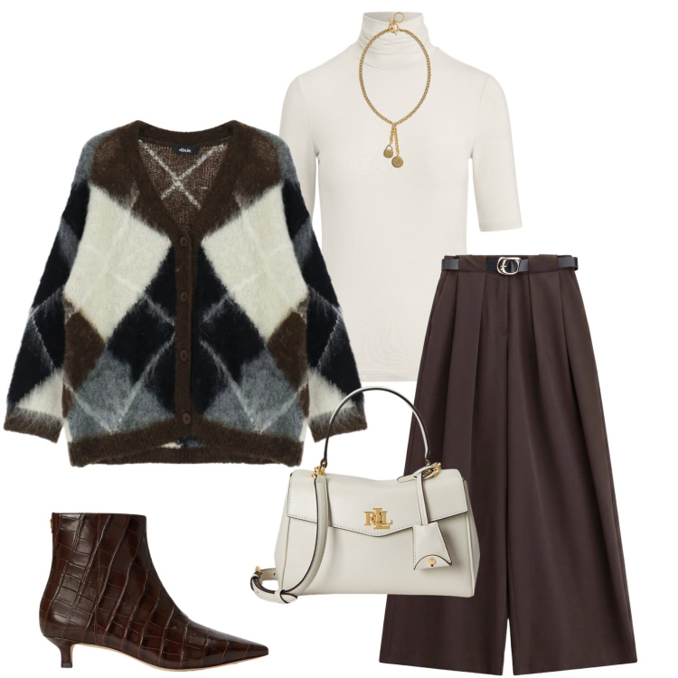 Outfit donna - Tartan fall collection. Stile Casual chic per Tutti i giorni. Abbinamento con pantaloni a palazzo, cardigans, maglieria, borse a mano, stivaletti, ciondoli.