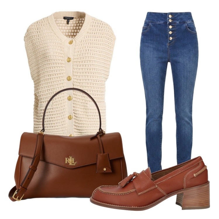Outfit donna - Settembre. Stile Preppy per Ufficio. Abbinamento con cardigans, mocassini, jeans skinny, borse a mano.