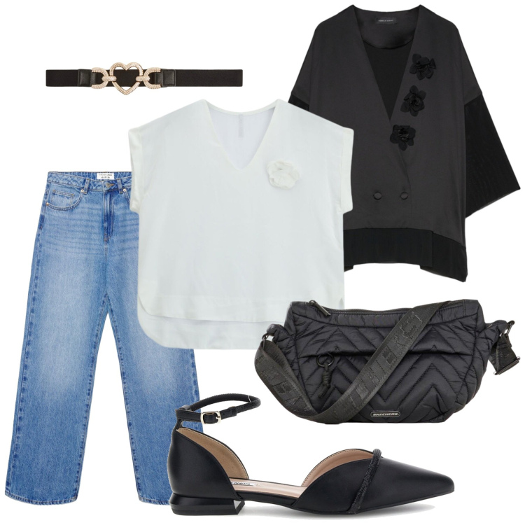 Outfit donna - Total look #2468736. Stile Romantica per Ufficio. Abbinamento con marsupi, bluse, cinture, jeans dritti, blazer, sandali.
