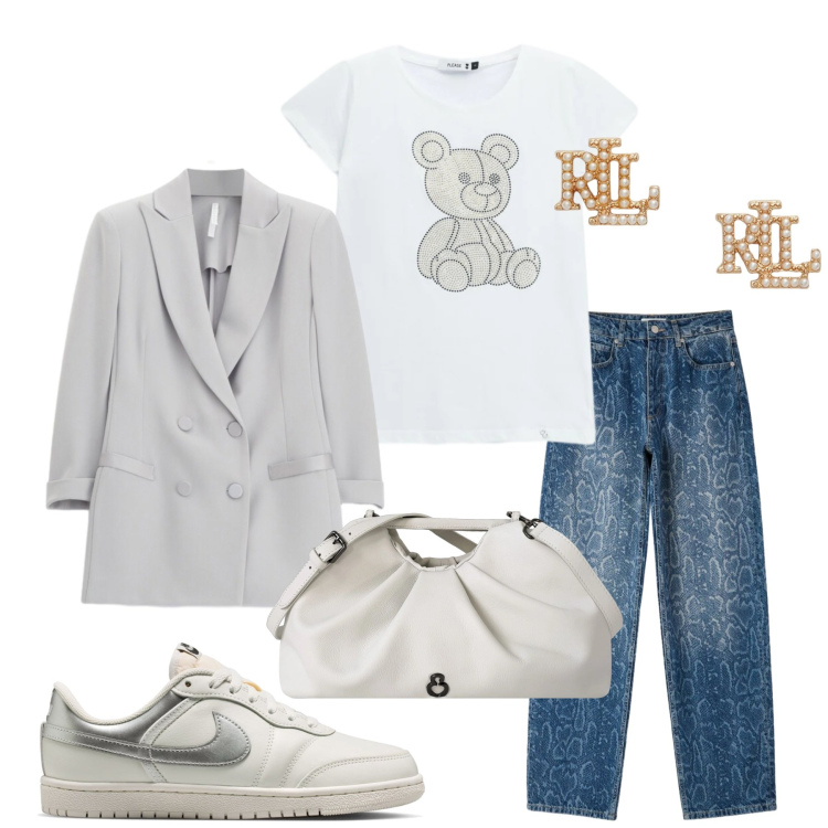 Outfit donna - Total look #2468737. Stile Casual chic per Ufficio. Abbinamento con blazer, jeans dritti, t-shirt, clutch, orecchini, sneakers.