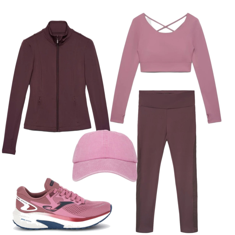 Outfit donna - Rosa d\'autunno. Stile Sporty chic per Sport. Abbinamento con cappelli con visiera, t-shirt sportive, felpe sportive, leggings sportivo, sneakers.