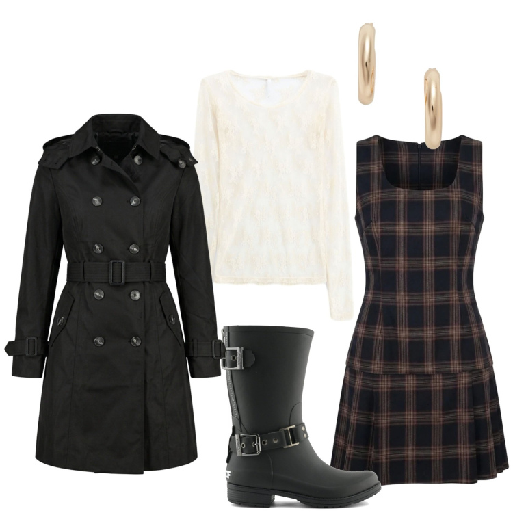 Outfit donna - Pioggia d\'autunno. Stile Trendy per Tutti i giorni. Abbinamento con t-shirt, trench, vestiti corti, orecchini, stivali.