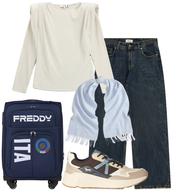 Outfit donna - In viaggio. Stile Basic per Tutti i giorni. Abbinamento con sneakers, jeans, t-shirt, valigie, sciarpe.