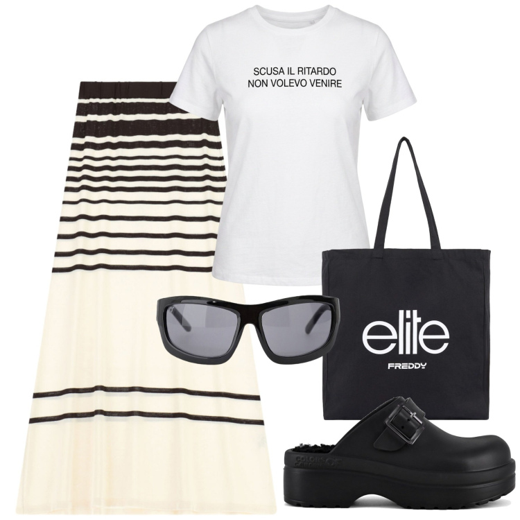Outfit donna - Bianco e nero. Stile Basic per Mare. Abbinamento con gonne lunghe, occhiali da sole, shopping bag, t-shirt, sandali.