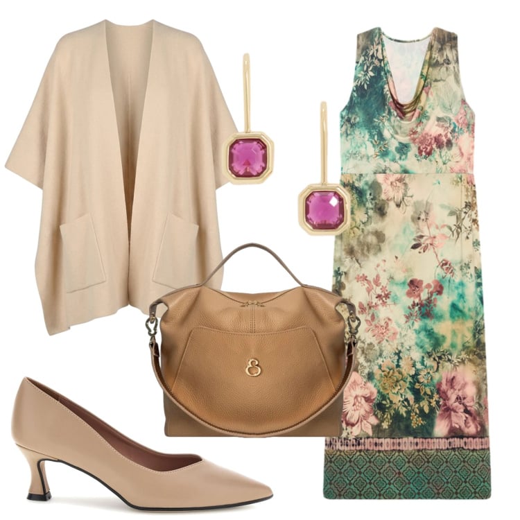 Outfit donna - Total look #2468752. Stile Chic per Cerimonia. Abbinamento con vestiti lunghi, borse a mano, cappe, orecchini, décolleté.