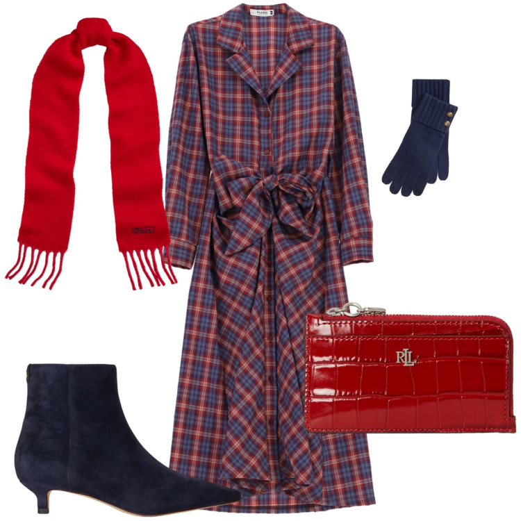 Outfit donna - Quadri per vestito. Stile Vintage retrò per Tutti i giorni. Abbinamento con vestiti chemisier, stivaletti, portafogli, guanti, sciarpe.