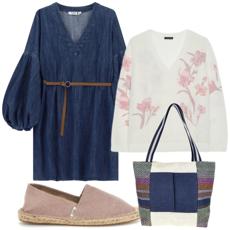 Outfit donna - Denim time. Stile Trendy per Tutti i giorni. Abbinamento con vestiti corti, maglieria, shopping bag, espadrillas.