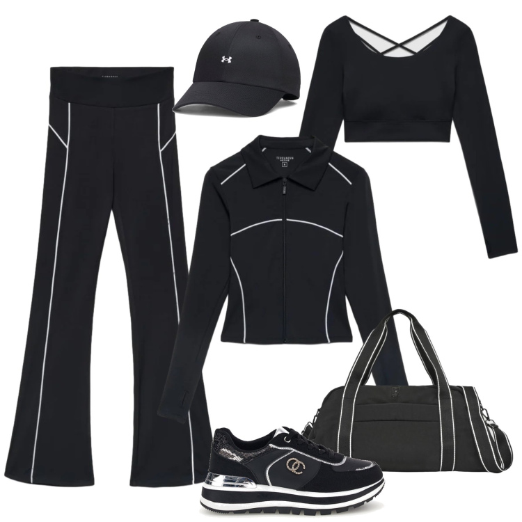 Outfit donna - Coordinato Terranova in palestra. Stile Casual per Sport. Abbinamento con felpe sportive, t-shirt sportive, borse sportive, leggings sportivo, cappelli con visiera, sneakers alte.