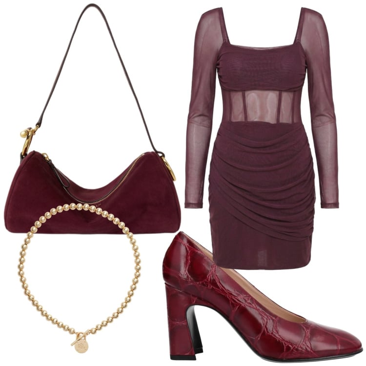 Outfit donna - L\'abito audace. Stile Glamour per Serata fuori. Abbinamento con décolleté, vestiti corti, collane, borse a spalla.