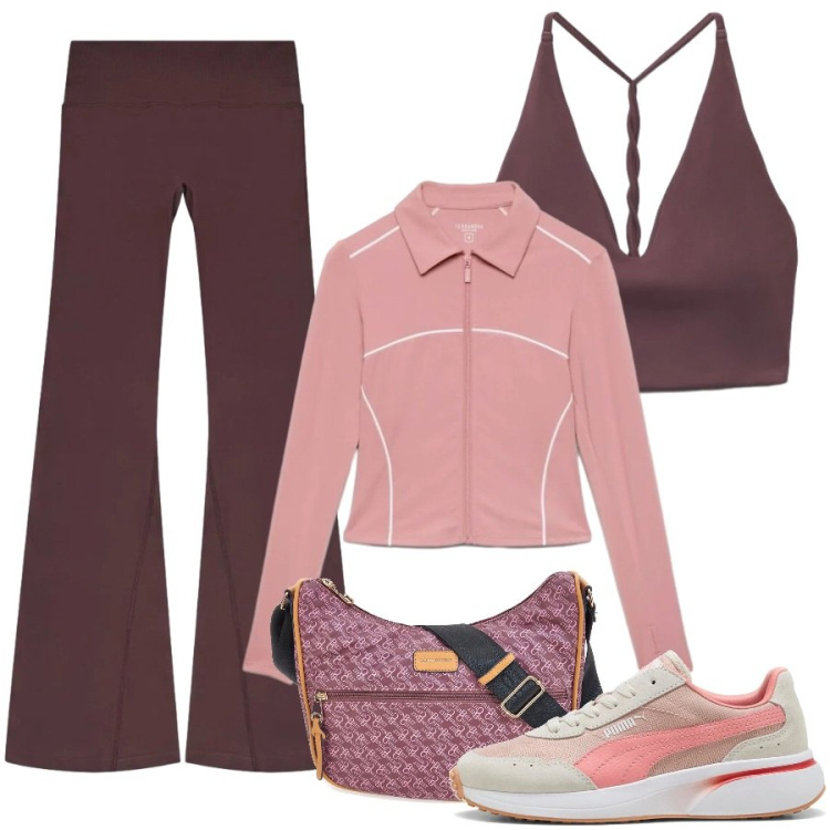 Outfit donna - Total look #2468770. Stile Casual per Sport. Abbinamento con leggings sportivo, felpe sportive, top sportivi, sneakers, borse a tracolla.