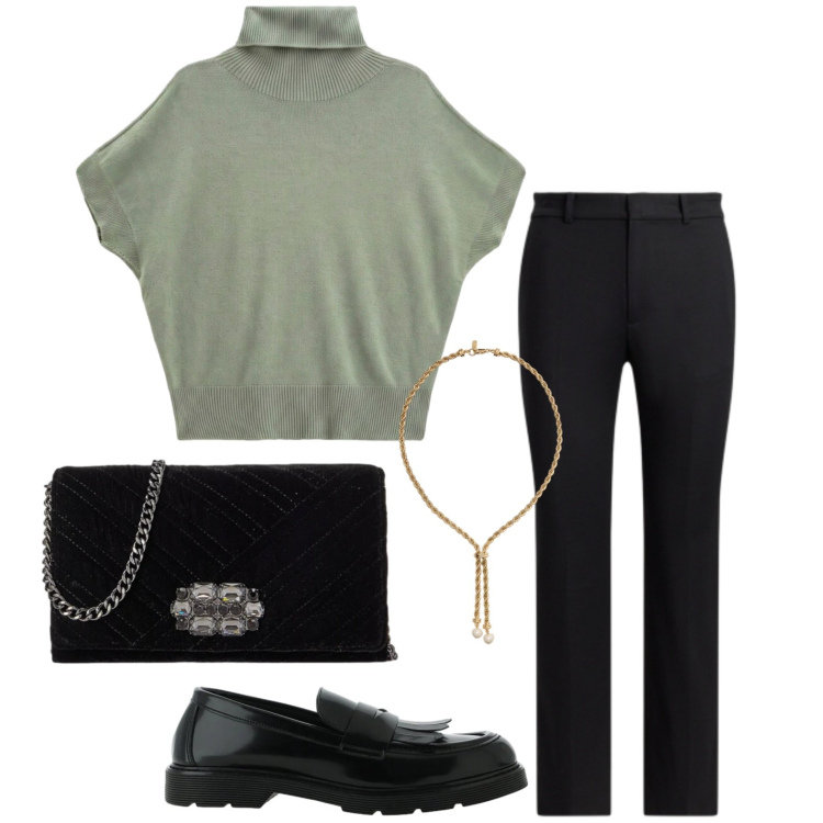 Outfit donna - Protagonista il mocassino. Stile Basic per Ufficio. Abbinamento con t-shirt, mocassini, pantaloni, borse a tracolla, collane.