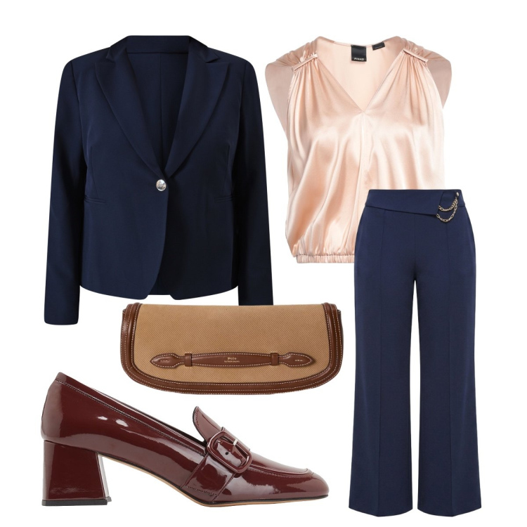 Outfit donna - La mamma curvy al matrimonio. Stile Mannish per Cerimonia. Abbinamento con top, mocassini, pantaloni a palazzo, blazer, clutch.