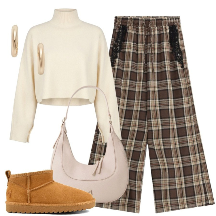 Outfit donna - Total look #2468776. Stile Casual per Tutti i giorni. Abbinamento con borse a tracolla, pantaloni a palazzo, maglieria, orecchini, stivali.