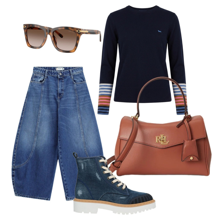 Outfit donna - Il look di domani per l\'ufficio. Stile Casual per Tutti i giorni. Abbinamento con stivaletti, maglieria, jeans, occhiali da sole, borse a mano.