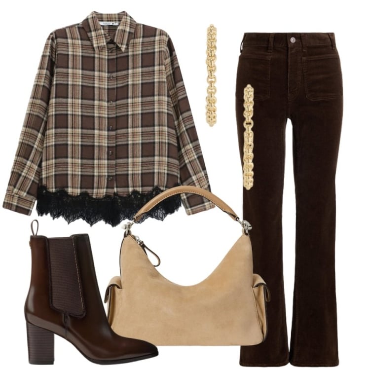 Outfit donna - Total look #2468778. Stile Casual chic per Tutti i giorni. Abbinamento con camicie, borse a spalla, stivaletti, orecchini, pantaloni.
