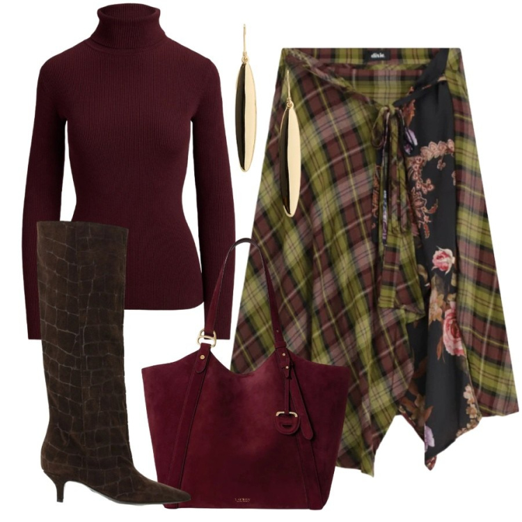 Outfit donna - Total look #2468780. Stile Trendy per Tutti i giorni. Abbinamento con stivali, gonne longuette, orecchini, borse tote, pullovers.
