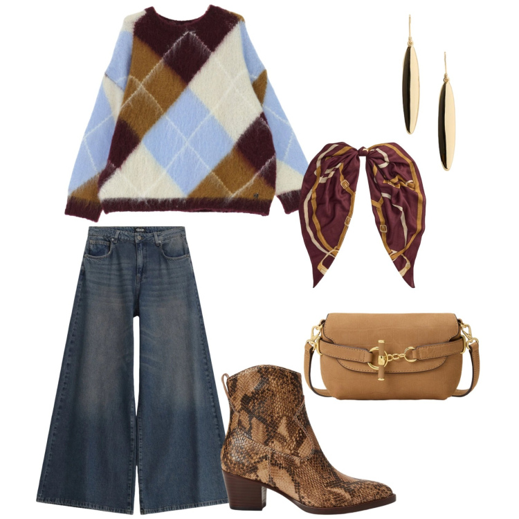 Outfit donna - Tartan chic. Stile Casual chic per Tutti i giorni. Abbinamento con jeans, maglieria, orecchini, stivaletti, foulard, borse a spalla.