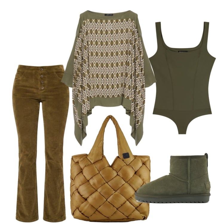 Outfit donna - Sfumature di verde. Stile Casual per Serata fuori. Abbinamento con body, bluse, borse tote, pantaloni, stivali.