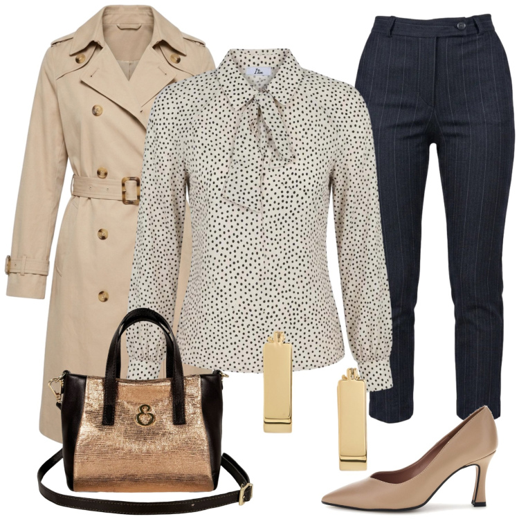 Outfit donna - Enrica. Stile Casual chic per Tutti i giorni. Abbinamento con bluse, borse a mano, trench, pantaloni, orecchini, décolleté.