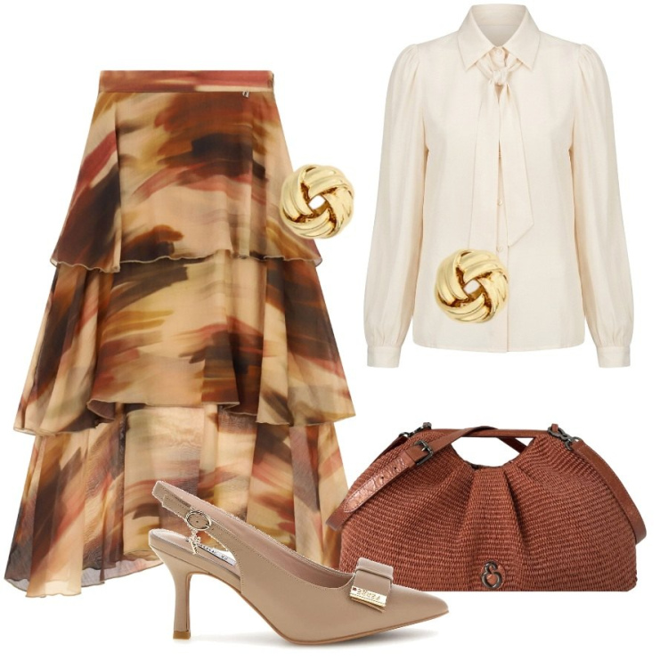 Outfit donna - Total look #2468787. Stile Chic per Serata fuori. Abbinamento con gonne longuette, clutch, camicie, orecchini, décolleté.