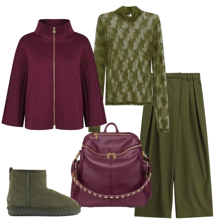 Outfit donna - Verde e bordeaux. Stile Casual per Tutti i giorni. Abbinamento con t-shirt, cappotti, pantaloni a palazzo, zaini, stivali.