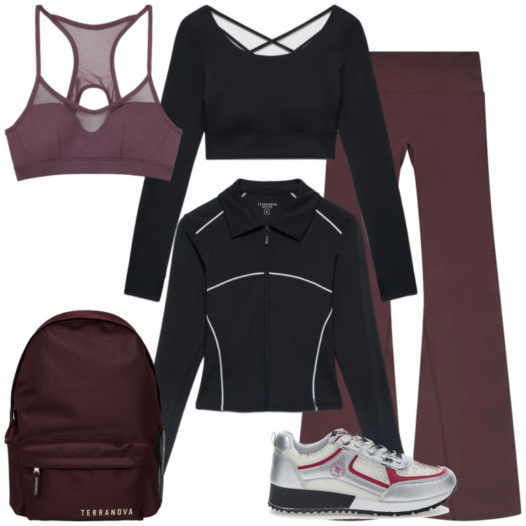 Outfit donna - A tutto sprint. Stile Sporty chic per Sport. Abbinamento con zaini, top sportivi, felpe sportive, leggings sportivo, t-shirt sportive, sneakers.