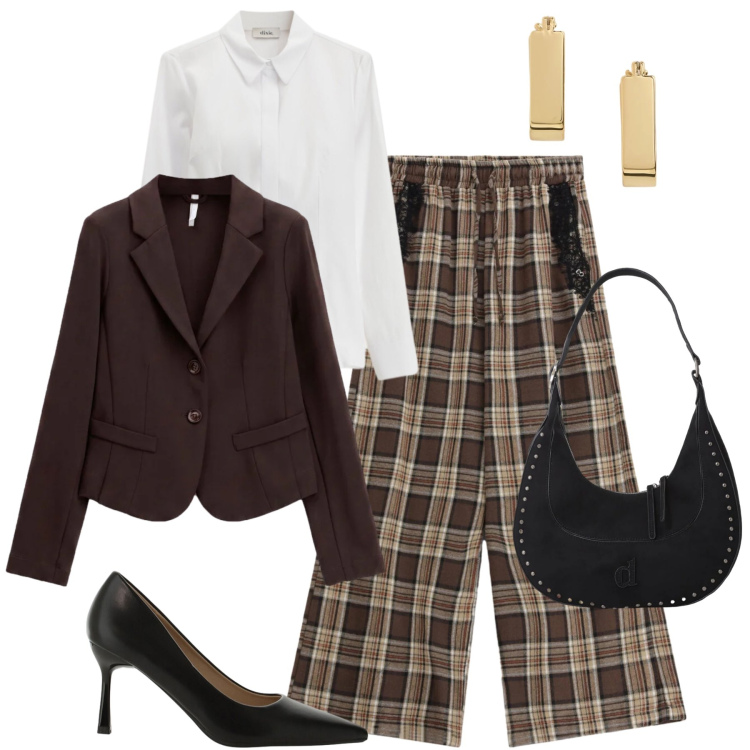 Outfit donna - Ufficio tartan. Stile Glamour per Ufficio. Abbinamento con blazer, décolleté, camicie, borse a spalla, pantaloni a palazzo, orecchini.