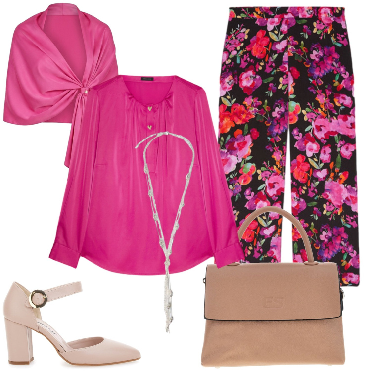 Outfit donna - Cristina. Stile Casual chic per Tutti i giorni. Abbinamento con stole, collane, bluse, pantaloni, décolleté, borse a tracolla.