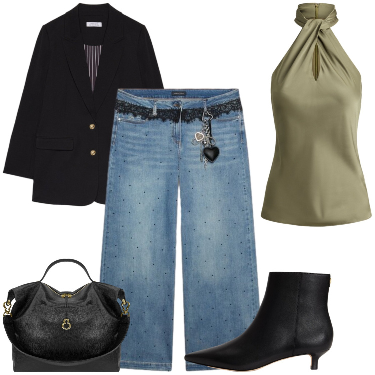 Outfit donna - AnnaMaria. Stile Casual chic per Tutti i giorni. Abbinamento con jeans, blazer, borse a spalla, bluse, stivaletti.