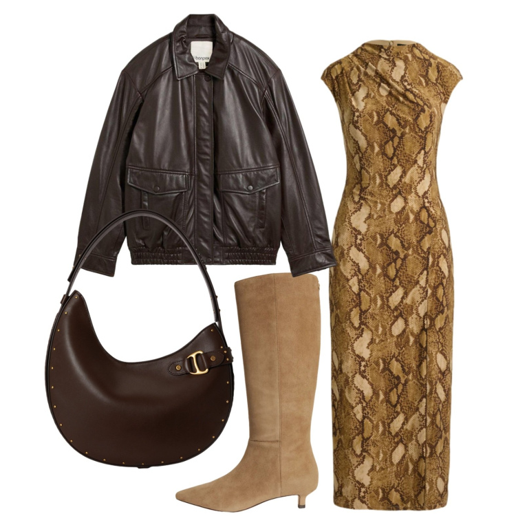 Outfit donna - Palette dei marroni. Stile Glamour per Serata fuori. Abbinamento con giacche, vestiti midi/longuette, borse a spalla, stivali.
