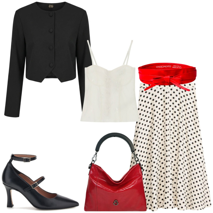 Outfit donna - Total look #2468802. Stile Vintage retrò per Cerimonia. Abbinamento con gonne longuette, top, cinture, blazer, borse a mano, décolleté.
