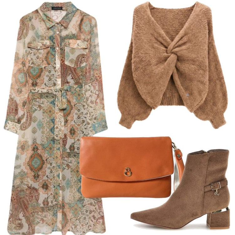 Outfit donna - Giornate sutunnali. Stile Romantica per Tutti i giorni. Abbinamento con maglieria, vestiti chemisier, pochette, stivaletti.