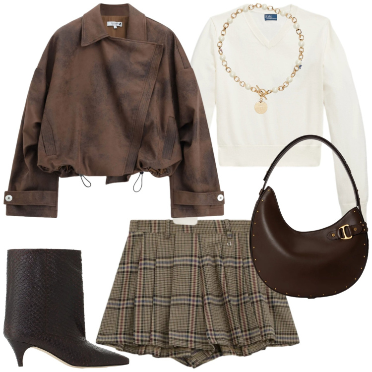 Outfit donna - Quadri d\'autunno. Stile Casual chic per Serata fuori. Abbinamento con pantaloni corti, stivali, bomber, maglieria, collane, borse a spalla.