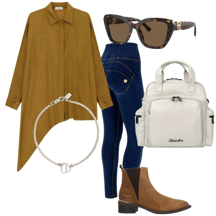 Outfit donna - Total look #2468807. Stile Trendy per Tutti i giorni. Abbinamento con stivaletti texani, camicie, jeggings, zaini, occhiali da sole, braccialetti con ciondoli.