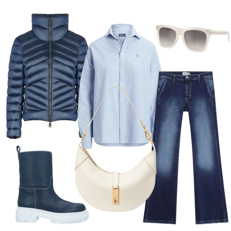 Outfit donna - Bianco e blu. Stile Casual per Ufficio. Abbinamento con stivaletti, jeans, piumini, occhiali da sole, borse a spalla, camicie.