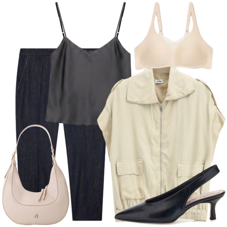 Outfit donna - Fortuna. Stile Casual chic per Tutti i giorni. Abbinamento con top, borse a tracolla, gilet, reggiseni, jeans, décolleté.