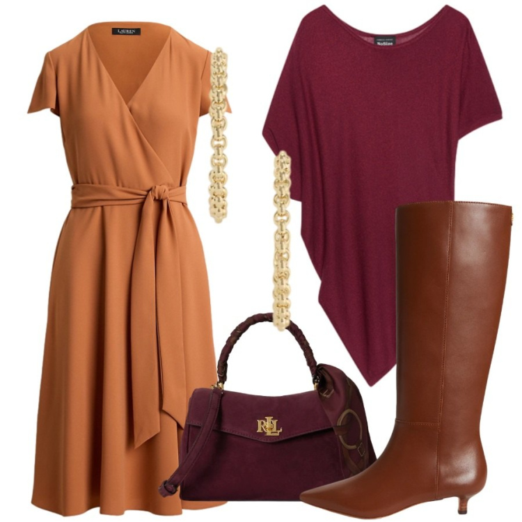 Outfit donna - Un quadro d\'autunno. Stile Chic per Ufficio. Abbinamento con top, vestiti, stivali, borse a mano, orecchini.