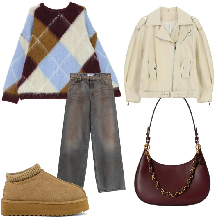 Outfit donna - Tartan & Fall Colors. Stile Casual per Tutti i giorni. Abbinamento con giacche, maglieria, jeans dritti, borse a spalla, sabot.