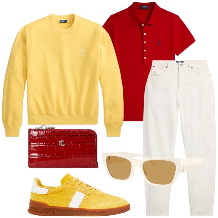 Outfit donna - Total look #2468819. Stile Trendy per Tutti i giorni. Abbinamento con sneakers, jeans, occhiali da sole, felpe, portafogli, polo.